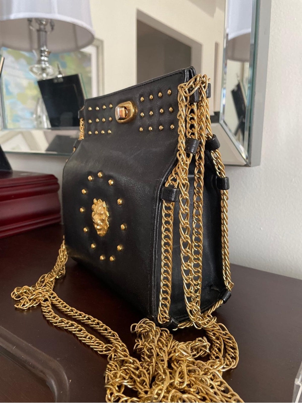 Black Shoulder Bag Lion Gold Ornate with Gold Chain and Stud Detailing